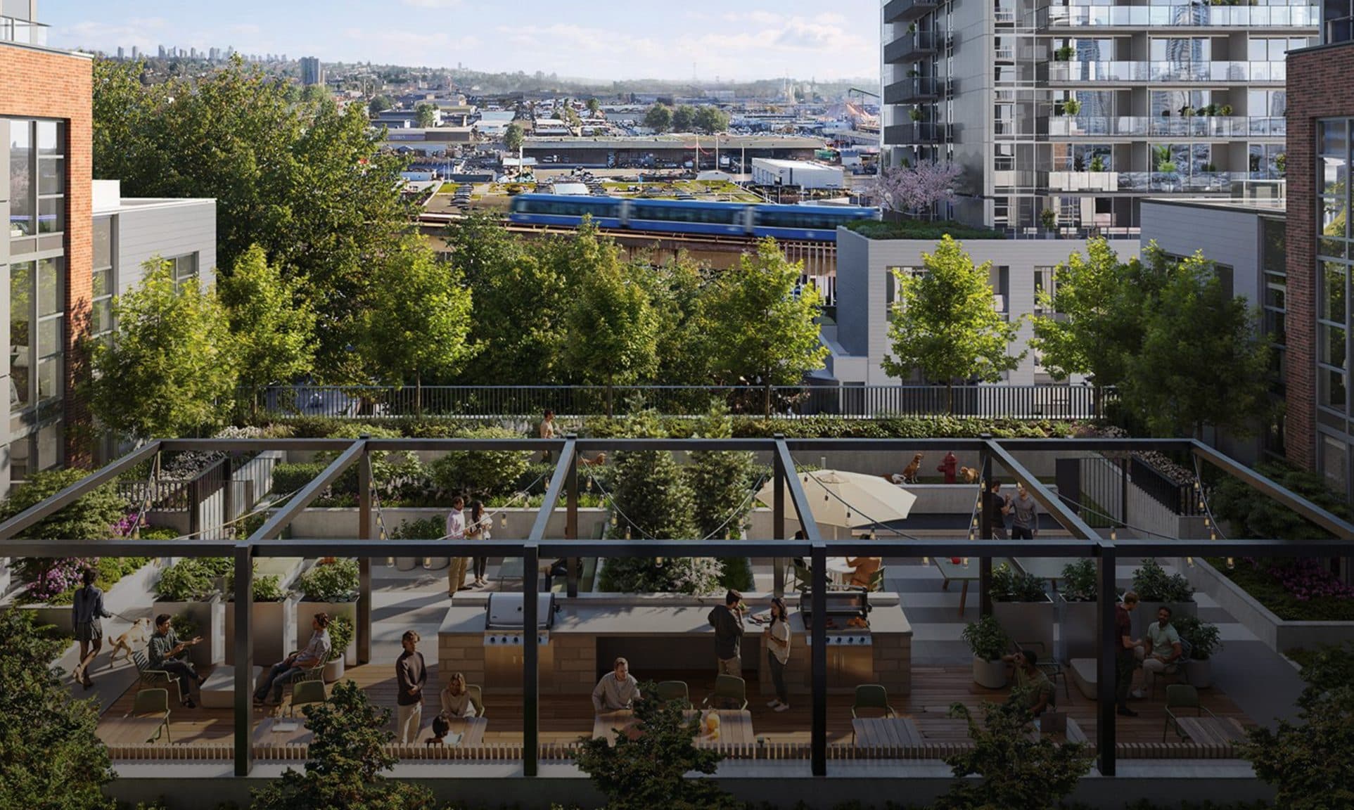 Signal's landscaped courtyard between the two towers, the Canada Line running past behind