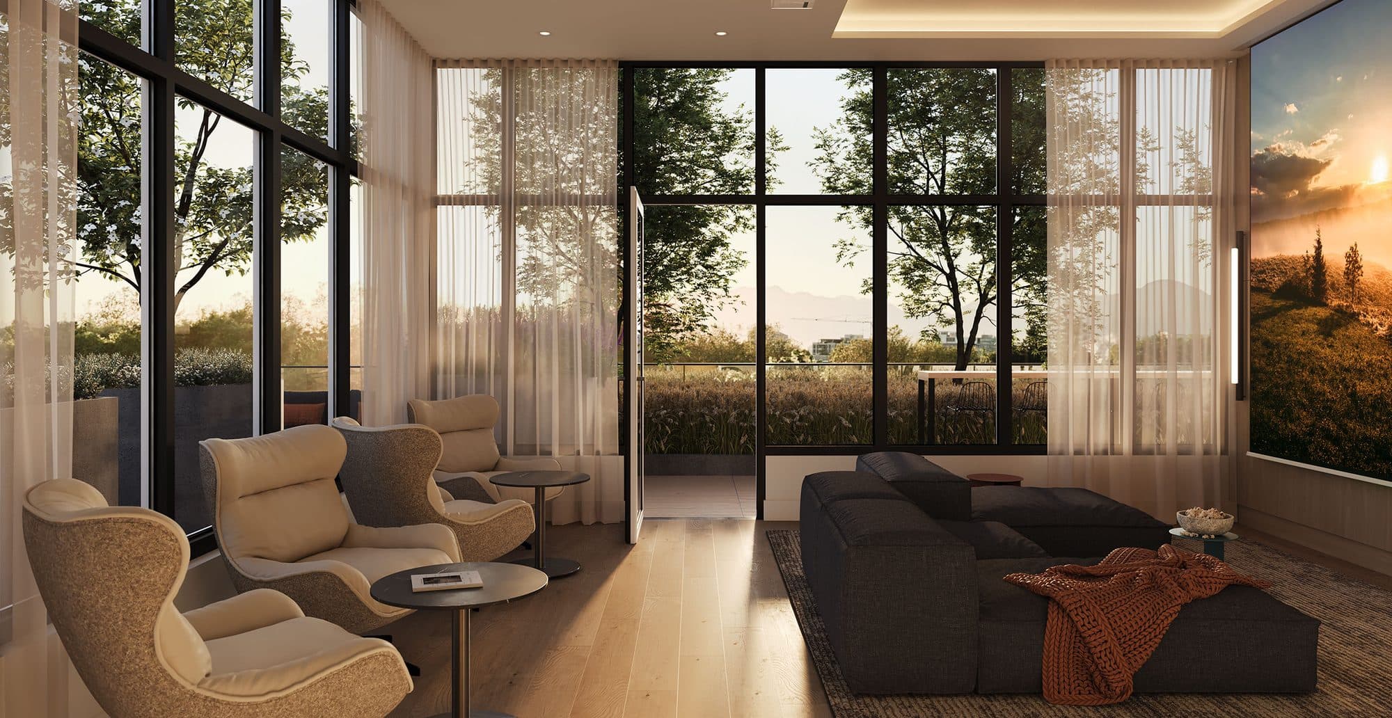 A lounge at West 42, with floor-to-ceiling windows