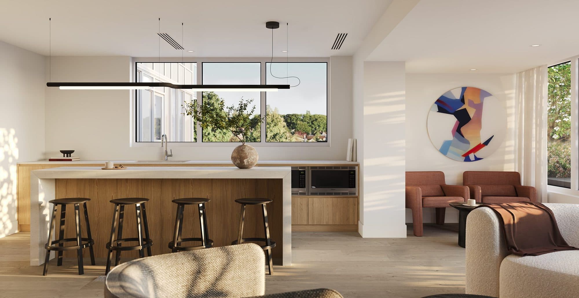 Kitchen island and living area in a West 42 home