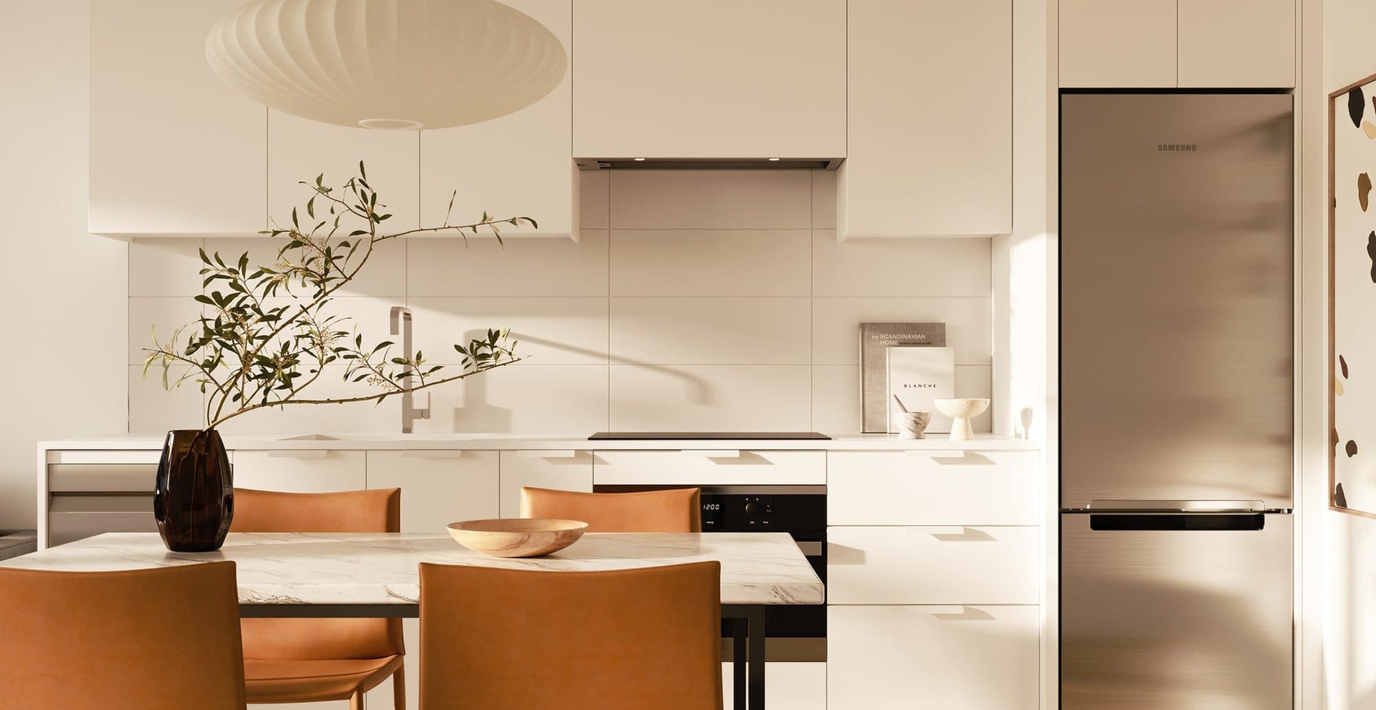 A West 42 kitchen, with integrated appliances and a dining bar