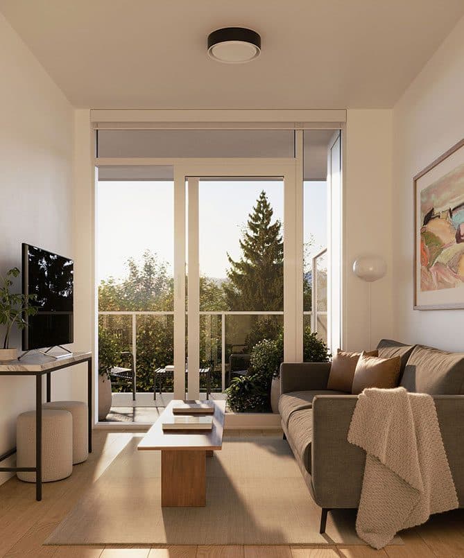 Living area of a West 42 home, opening onto a private balcony