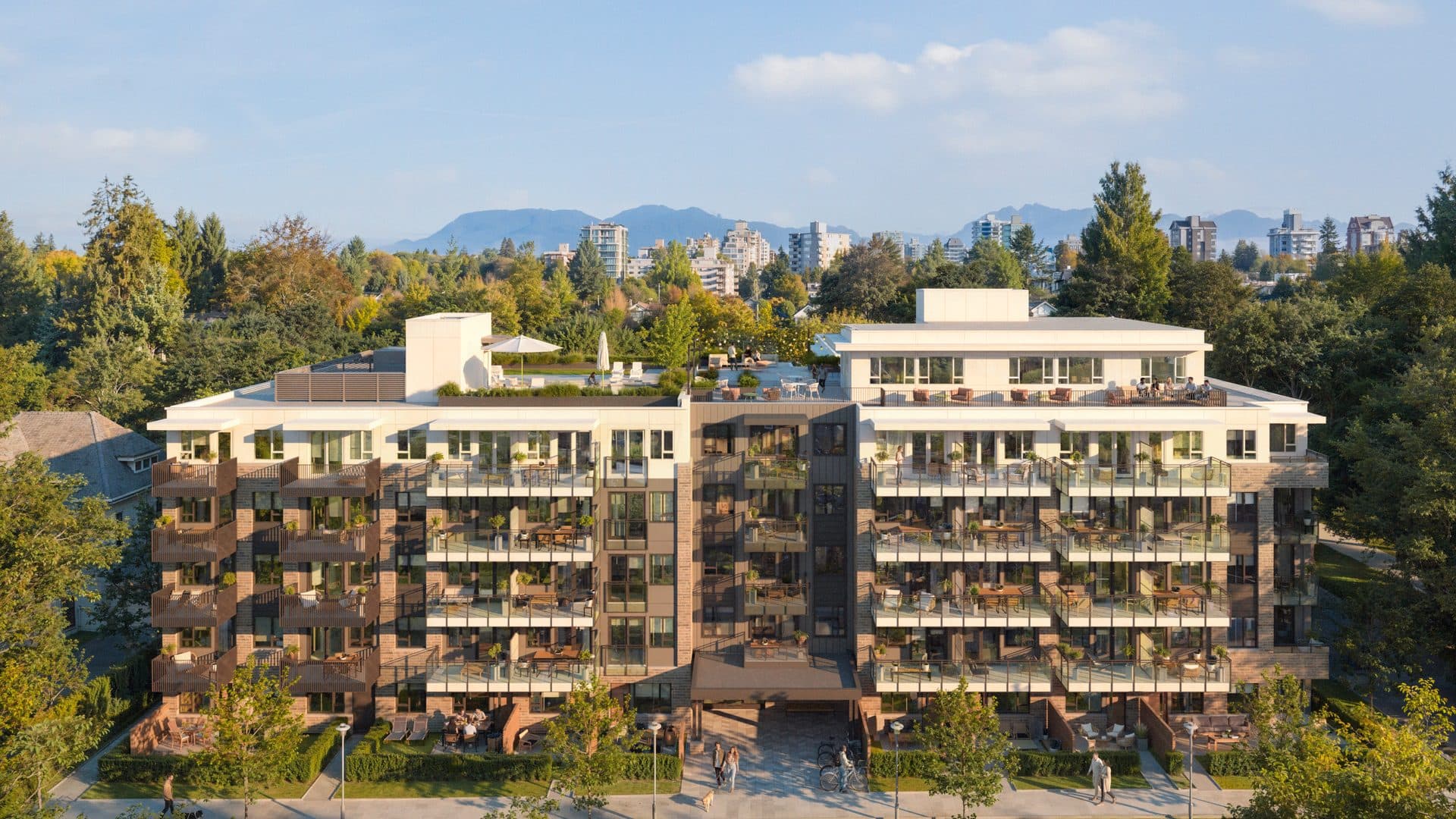 Westward at West 49th and Vine, seen from above with the North Shore mountains behind