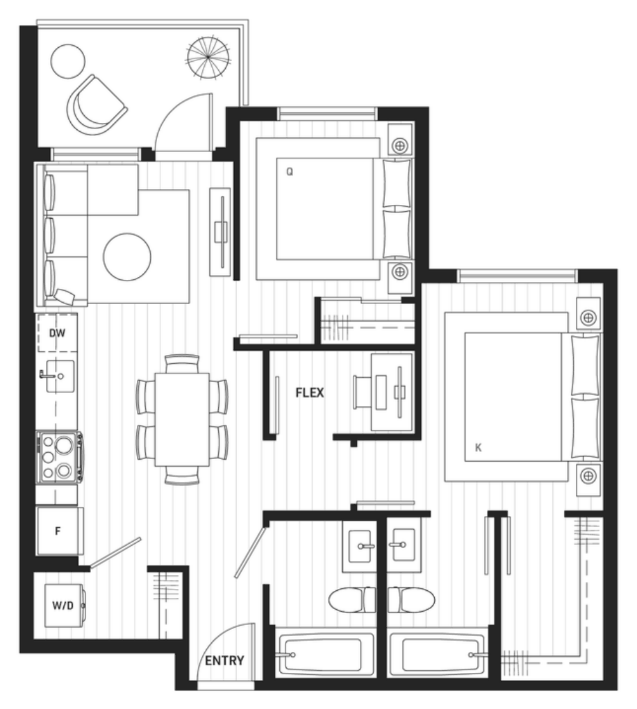 Floor plan E2 — 2 Bedroom + Flex