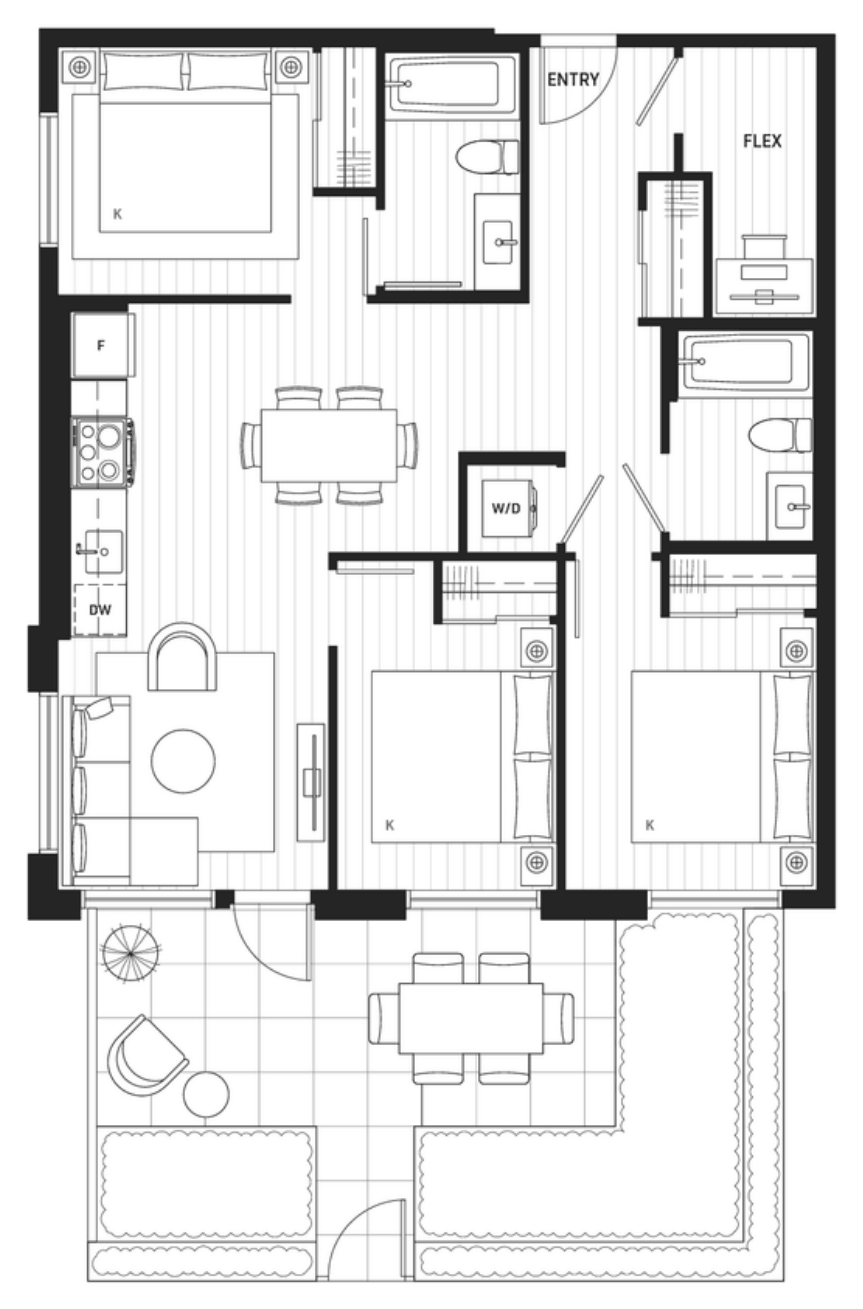 Floor plan F1 — 3 Bedroom + Flex